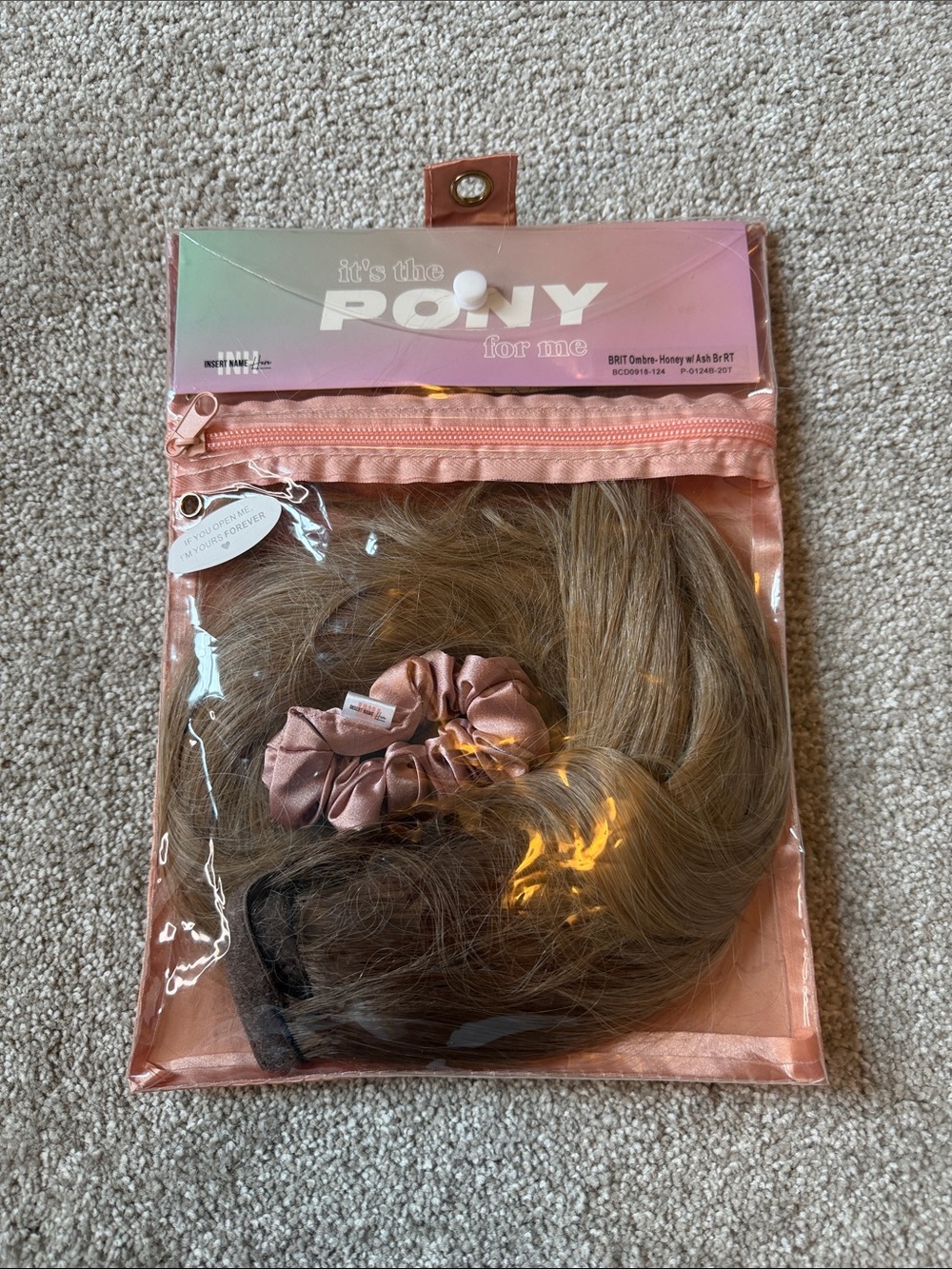 Honey Ash Brown Ponytail Extension with Rose Satin Scrunchie